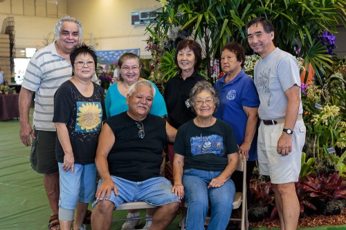 The HOS work crew (seated from left to right are Calvin Abe and Williette Wong; standing from left to right are Ben Sills, Sherry Abe, Carol De Witt, Charlotte Yamamoto, Vivian McCoy and Melvin Waki) posed for a picture after the display was completed. Starting at 10:30 AM, it took about 3 hours to put up the display. Click on the photo for a larger image.